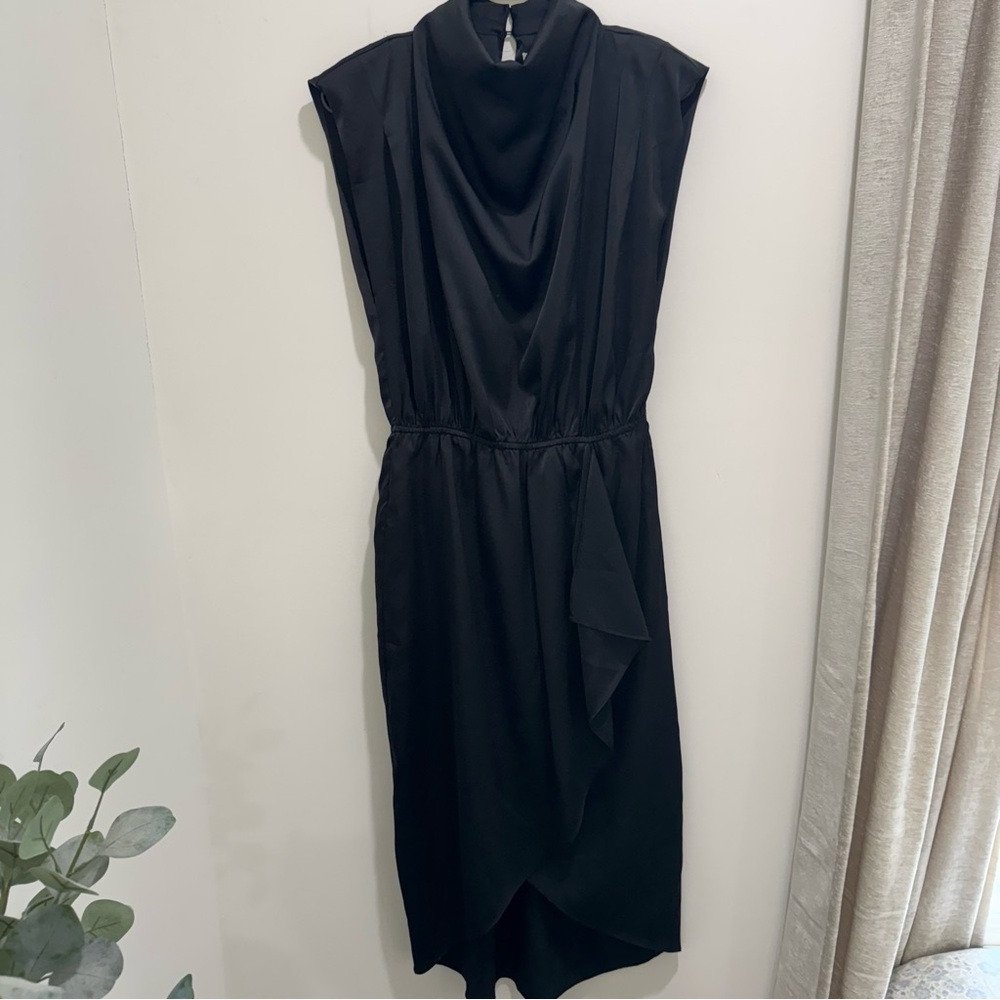 Entro Black Draped Midi‎ Dress With Shoulder Pads Size M